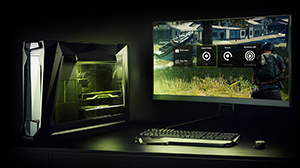 A gaming setup on a desk, including a NVIDIA powered desktop, a monitor, a keyboard and a mouse